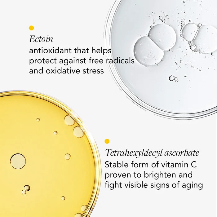 Ectoin and Tetrahexyldecyl ascorbate ingredients close up with benefits callout