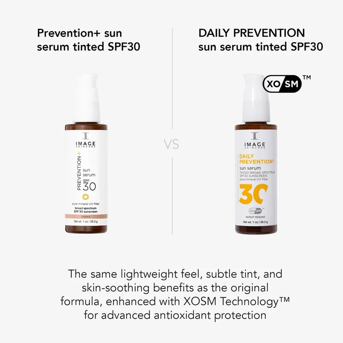 side by side of PREVENTION+ and DAILY PREVENTION sun serums and XOSM technology callout