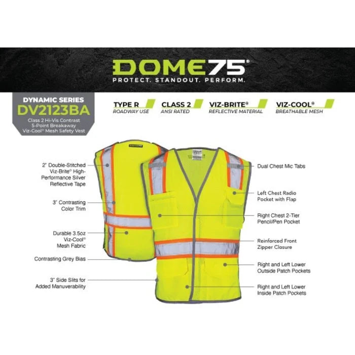 DOME75® DYNAMIC SERIES ANSI Class 2 Hi-Vis 5-Point Breakaway Mesh Safety Vest - DV2123BA