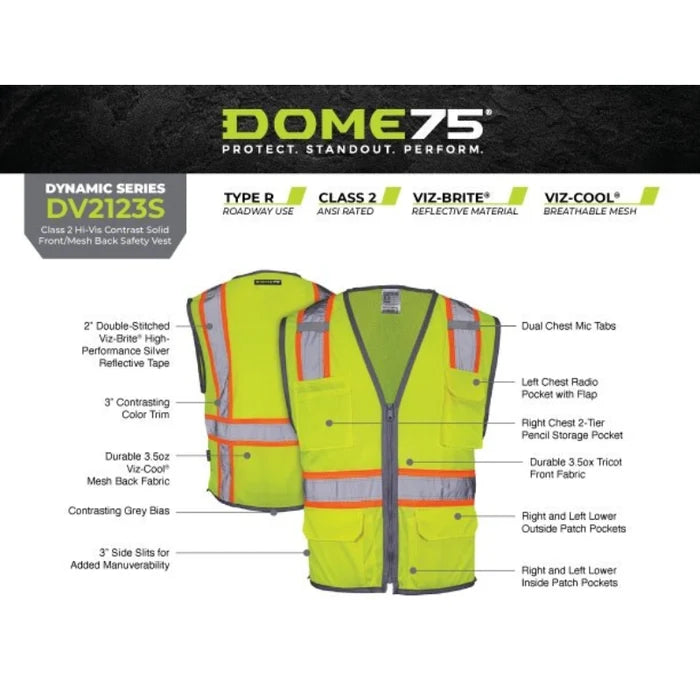DOME75® DYNAMIC SERIES ANSI Class 2 Solid Front/Mesh Back Hi-Vis Contrast Safety Vest - DV2123S