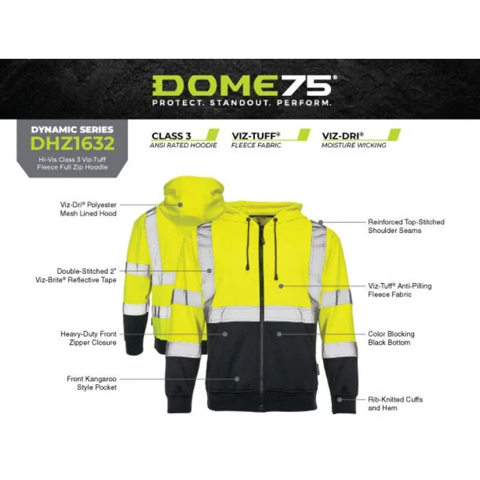 DOME75®  DYNAMIC Series Hi-Vis ANSI Class 3 Viz-Tuff Fleece Full-Zip Hoodie - DHZ1632