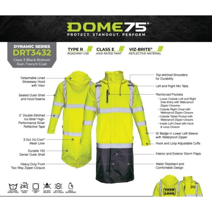 DOME75® DYNAMIC Series Rain Tamer ANSI Class 3 Black Bottom Rain Trench Coat - DRT3432