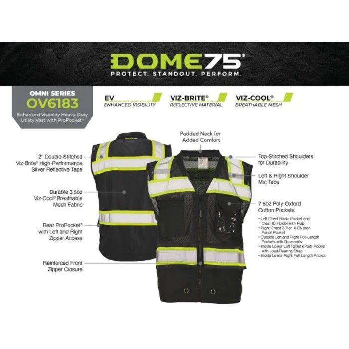 DOME75® OV6100 Enhanced Visibility Heavy Duty Utility Vest - OV6183-BKHY