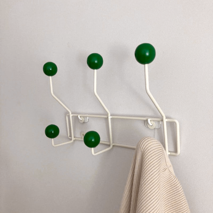 Eames Dot Mid-Century Wall Hook Rack painted cream metal body enamel gloss knobs yellow green white 4 double hooks 14.6in