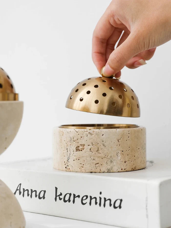 travertine stone incense mabkhara oud bakhoor burner with brass cover