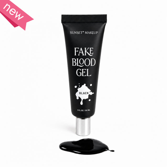 Sunset Makeup Fake Blood Gel in a black squeeze tube with a silver cap, shown with a pool of black gel on a white background and a pink 'new' ribbon in the top-left corner.