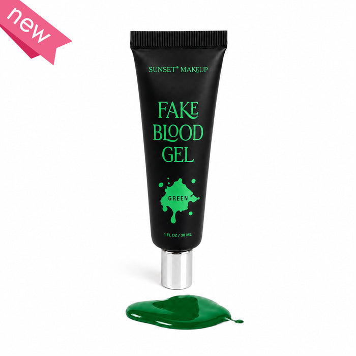 Sunset Makeup Fake Blood Gel in green, shown in a black squeeze tube with a silver cap, with a pool of green gel below on a white background.