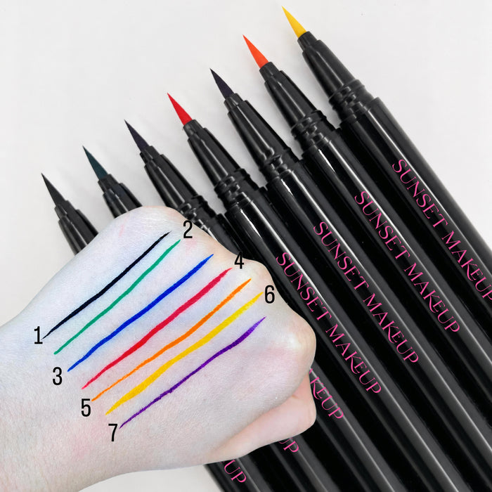 Sunset Makeup Seven cosmetic felt tip eyeliner pens arranged on a white background, with a hand showing numbered color swatches from each pen tip.