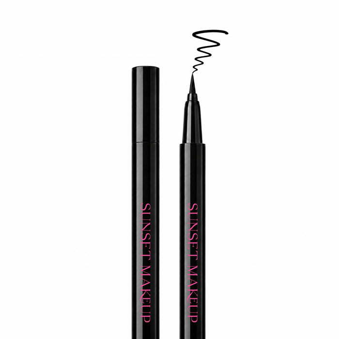 Sunset Makeup black felt-tip eyeliner shown open and closed with a black squiggle sample line above the tip.