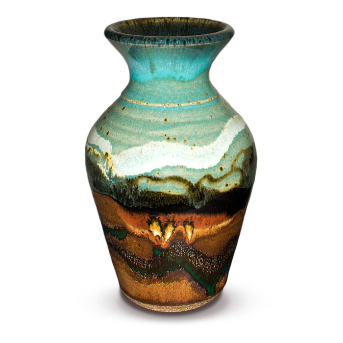 Classic seven inch flared-neck vase in a blend of turquoise and toasted brown, accented with a ribbon of white.  Handmade pottery.  Wheel-thrown stoneware clay.  Hand made by Prairie Fire Pottery.