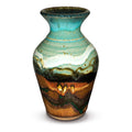 Classic seven inch flared-neck vase in a blend of turquoise and toasted brown, accented with a ribbon of white.  Handmade pottery.  Wheel-thrown stoneware clay.  Hand made by Prairie Fire Pottery.