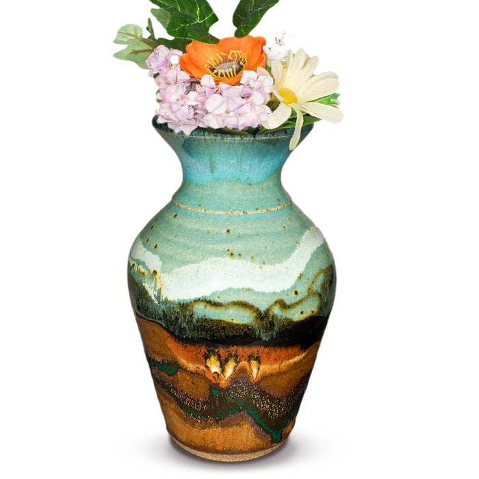 Turquoise-brown vase in a classic flared-neck design by Prairie Fire Pottery. Handmade pottery. Made in the U.S.A. View holding a bouquet of flowers.