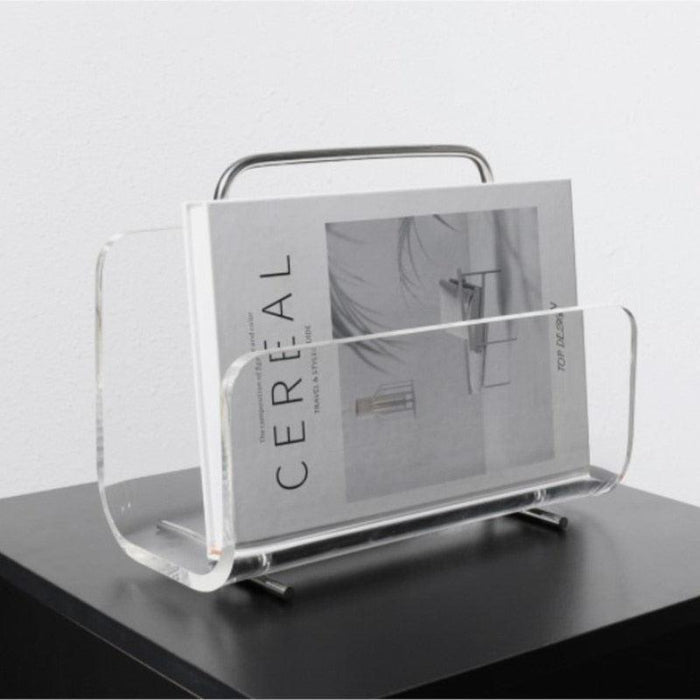Ghost Acrylic Magazine Rack transparent panels chrome frame deep brown accents portable desk organizer 30x14x24cm