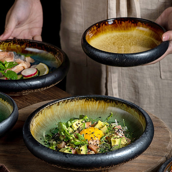 Round Yellow Green Glazed Shore Deep Dish Plate