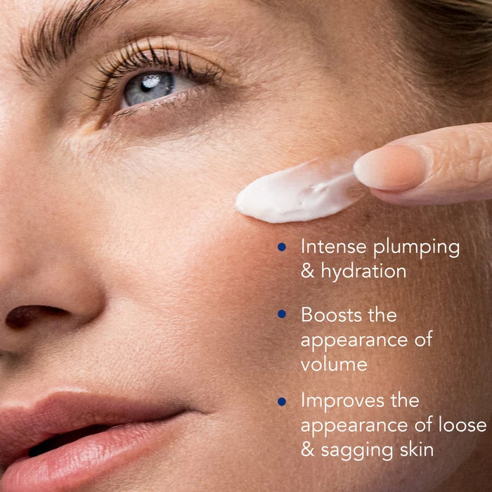 Close-up of a woman's face with a finger applying white cream to her cheek, with text listing benefits: intense plumping and hydration, boosting the appearance of volume, and improving the appearance of loose and sagging skin.