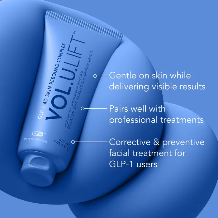 A blue cosmetic tube labeled VOL.U.