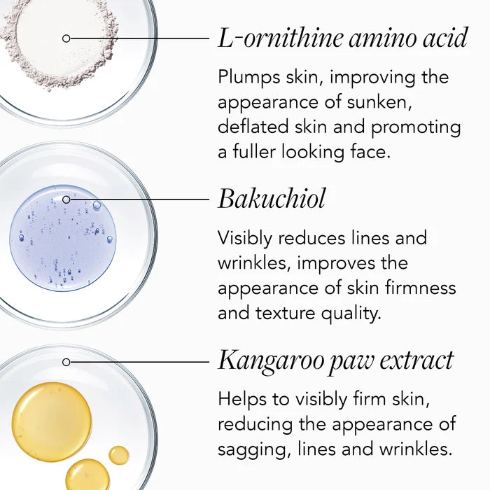 Three circular product demonstration photos on a white background with text labels. The top photo shows a white powder in a dish labeled L-ornithine amino acid.