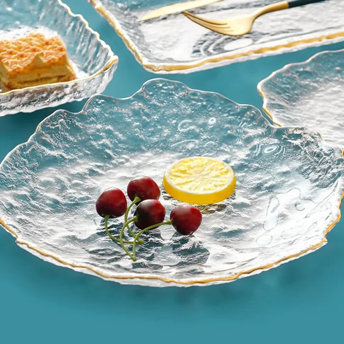 Elegant clear textured dessert plate with gold inlay for desserts appetizers