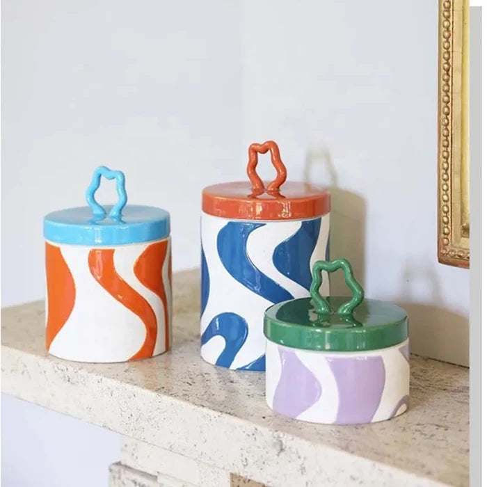 Retro colorful ceramic storage jar with lid wavy design glazed finish kitchen coffee candy container