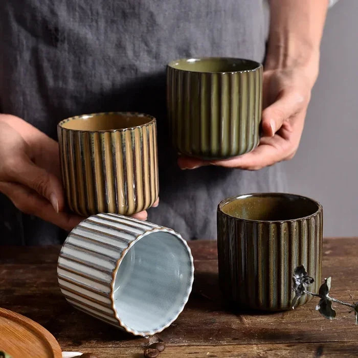 Ceramic ribbed retro tea cup hand-glazed Japanese style coffee wine mug