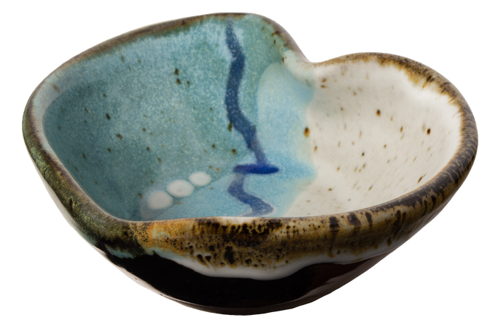 Turquoise and white Heart Bowl.  Handmade pottery.  Hand made by Prairie Fire Pottery in high-fired stoneware clay.  3/4 view.