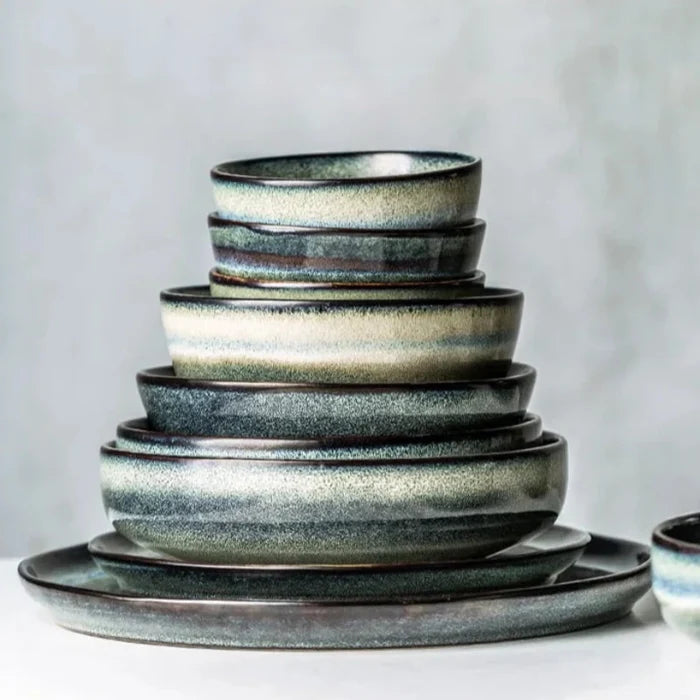 Kiln Glazed Sallow ceramic Plates Bowls gradient dinnerware in earth tones