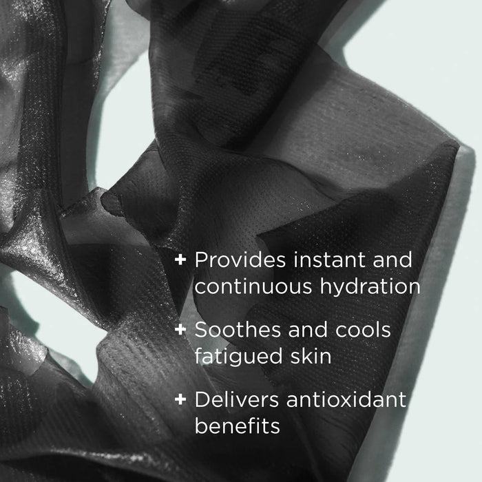 black sheet mask on light background with benefits callouts