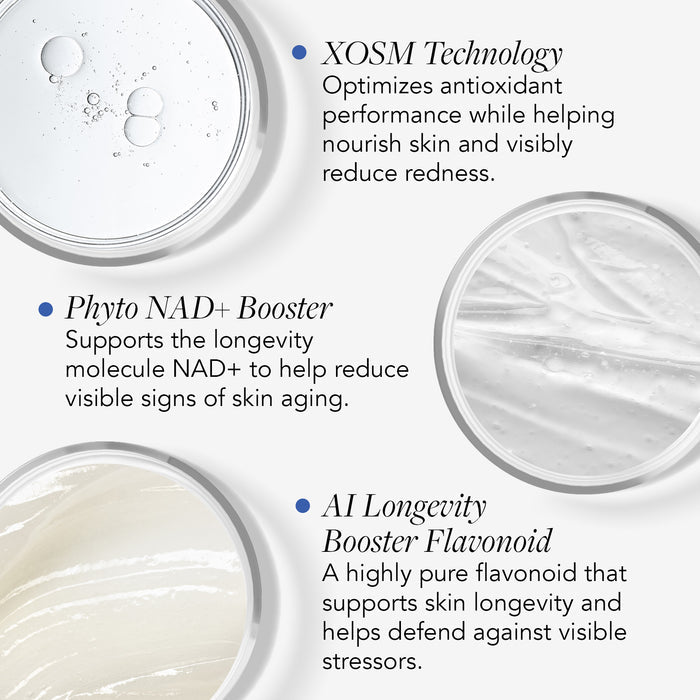 Product packaging with XOSM Technology, Phyto NAD+ Booster, and AI Longevity Booster Flavonoid text on a white background.