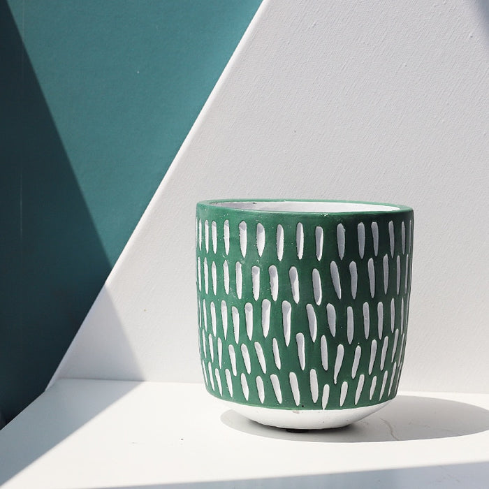 Round Chrome Plated Cement Minimalist Line Pattern Design Flower Pot With Holes Green
