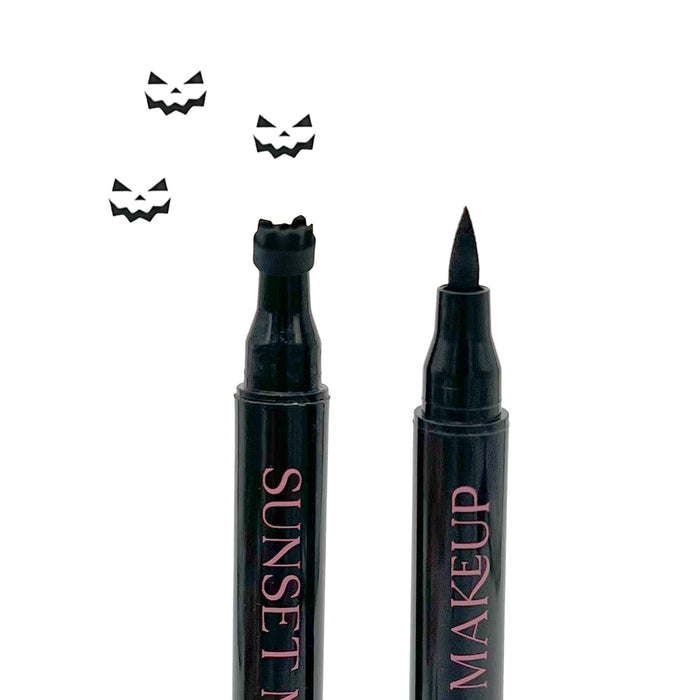 Two black Sunset Makeup Jack O Lantern stamp eyeliner applicators displayed on a white background with a black Jack O Lantern stamp impression.