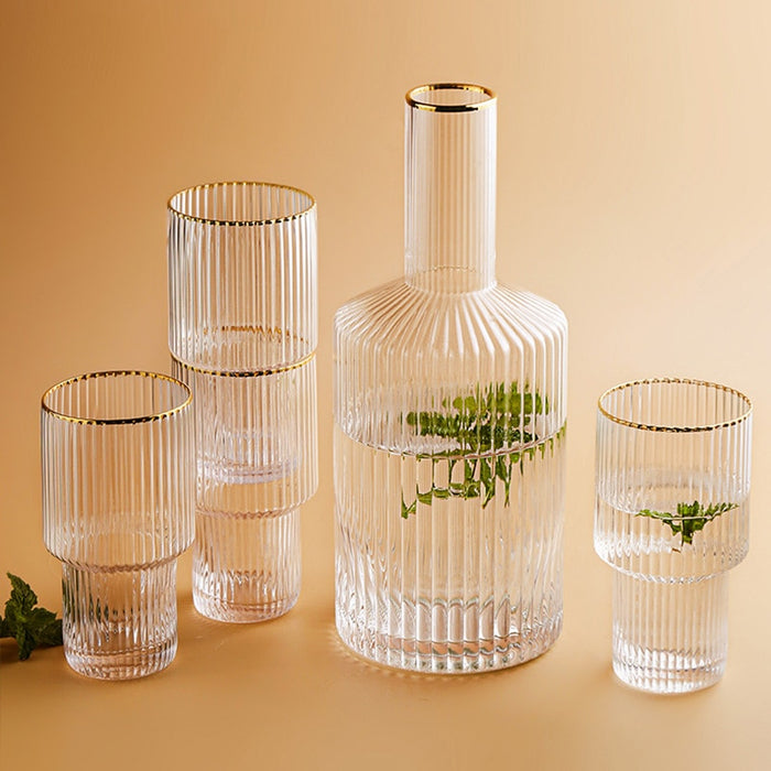 cylinder borosilicate textured glass with gold mouth trimmings pitcher and cups fern living textured cups