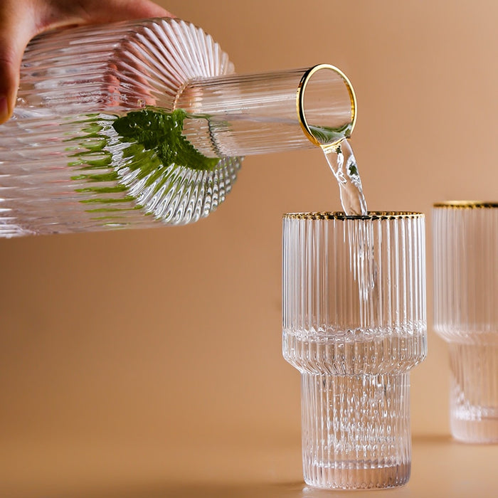 cylinder borosilicate textured glass with gold mouth trimmings pitcher and cups fern living textured cups