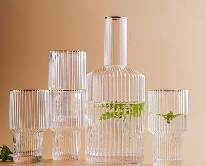 cylinder borosilicate textured glass with gold mouth trimmings pitcher and cups fern living textured cups