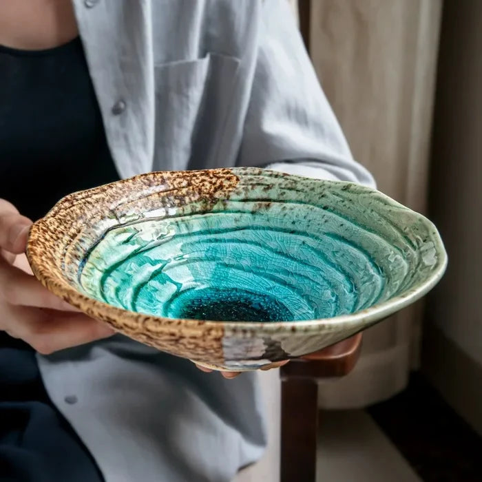 Letifly Lights & Decor - Kairo Ripple Glaze Serving Bowl - Japanese-inspired ceramic serving bowl with ice crackle glaze finish and blue ripple design