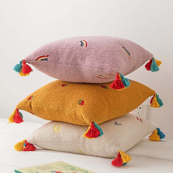 Fluffy Embroidered Multicolored Tassel Pillow Cover