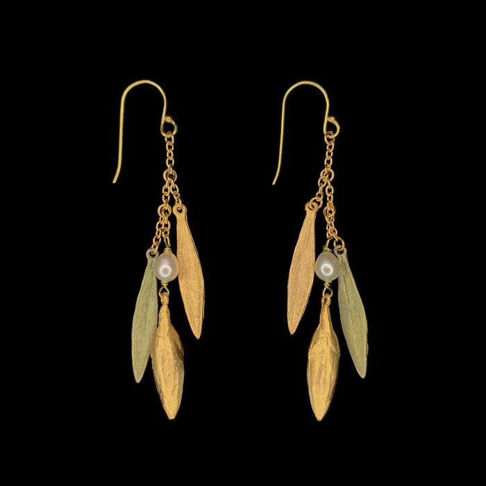 Image of the Michael Michaud Leaf and Bud Earrings - 3 Leaf Drop Wire on a black background