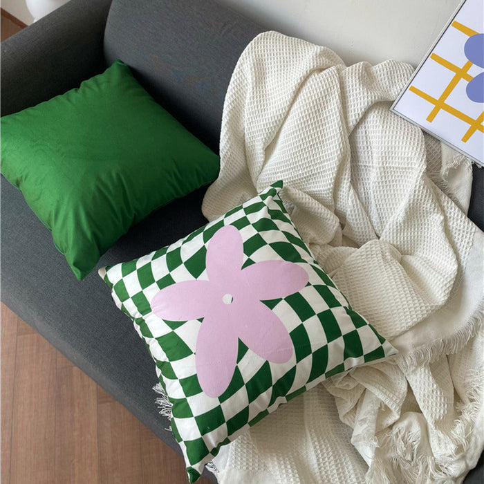 Lilac Green Floral Check Pillow Cover
