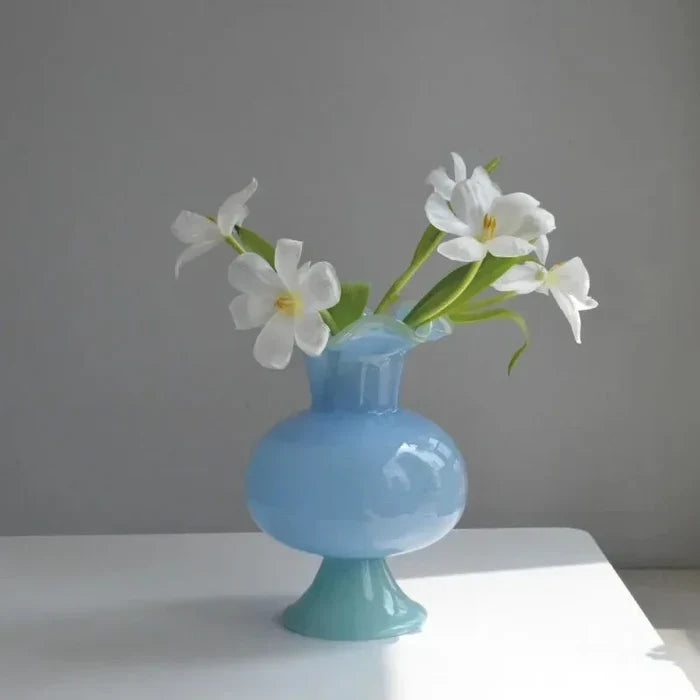 Pastel Pedestal Glass Vase Ruffle Top Romantic Fluted Home Decor Flower Arrangement Accent