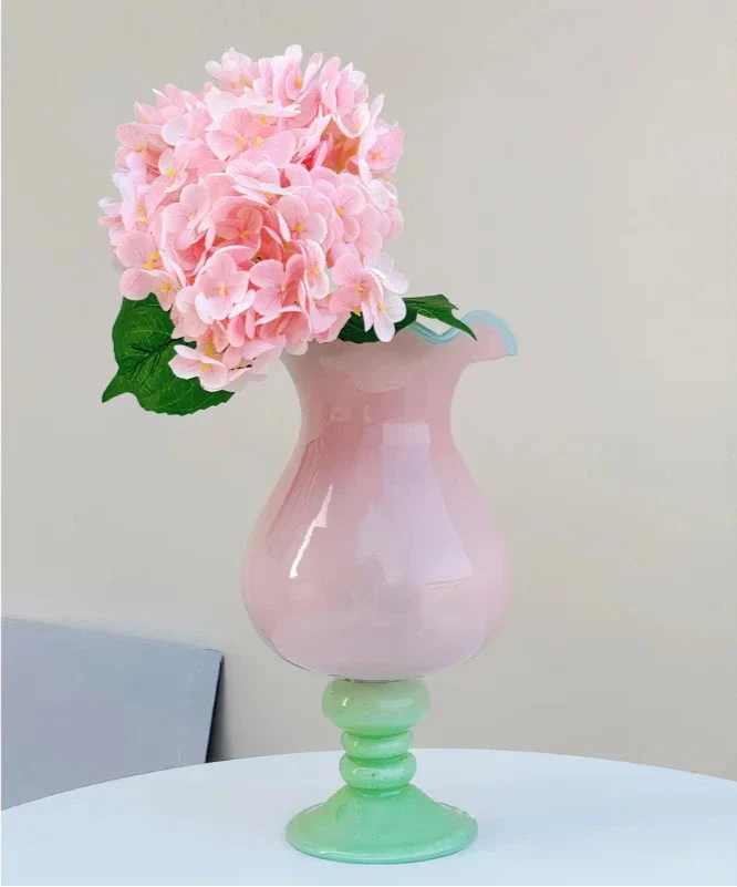 Pastel Pedestal Glass Vase Ruffle Top Romantic Fluted Home Decor Flower Arrangement Accent
