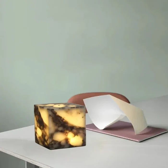 Stone cube lamp natural marble warm glow bedside modern decor light