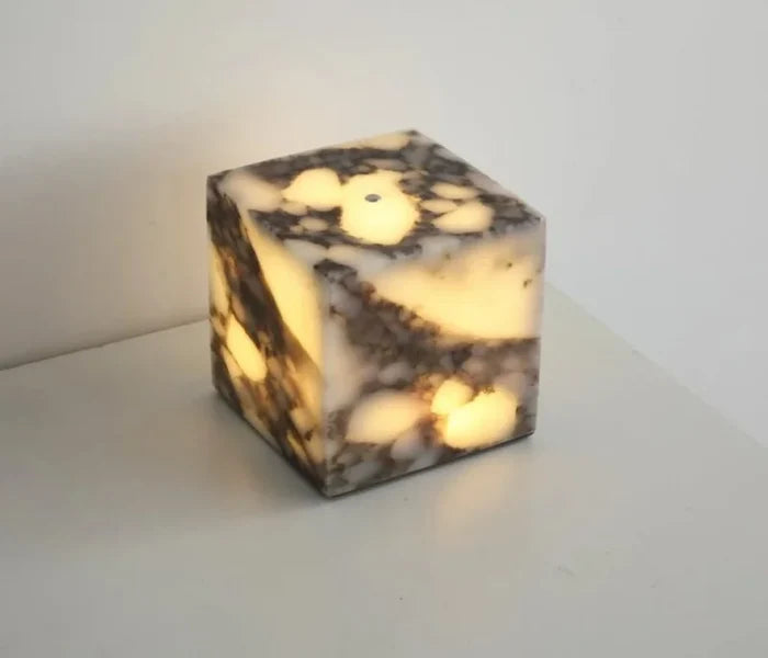 Stone cube lamp natural marble warm glow bedside modern decor light