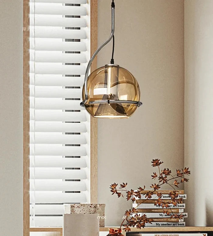 amber globe glass pendant light with iron frame modern ceiling lamp for dining room kitchen office