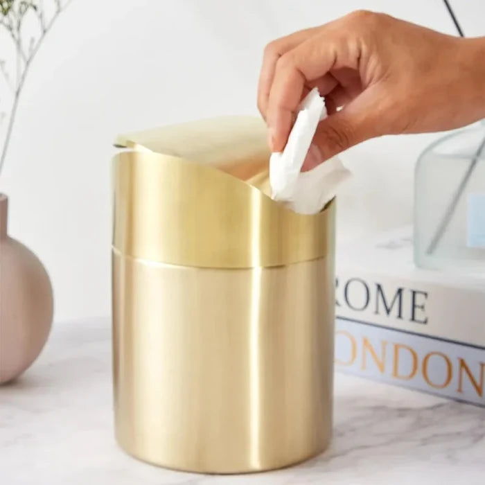 304 Mini Countertop Brushed Stainless Steel Swing Lid Trash Can Set, 1.5 L / 0.40 Gal,Desktop gold trash can-Letifly Lights and Decor