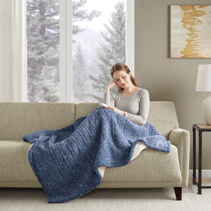 Marbled Sherpa Heated Throw Blanket Plush Reversible Cozy Electric Warming Cover