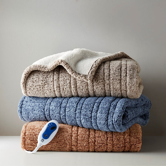 Marbled Sherpa Heated Throw Blanket Plush Reversible Cozy Electric Warming Cover