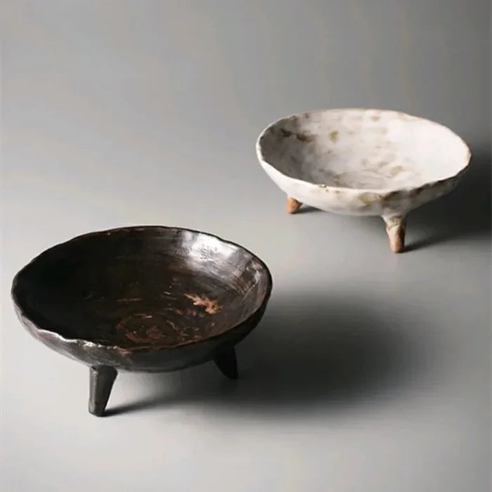 Stoneware pedestal dish footed ceramic matte textured tray