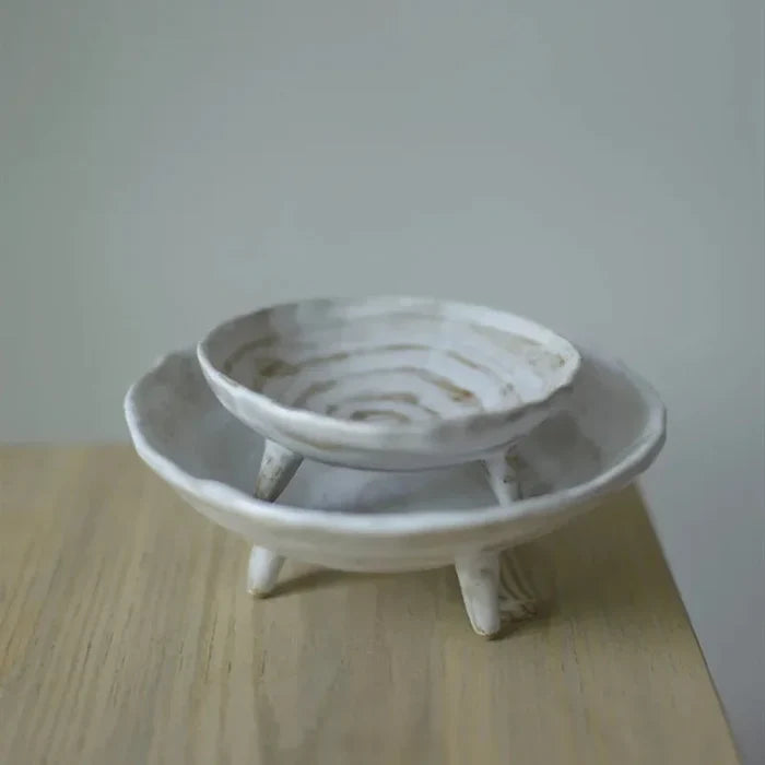 Stoneware pedestal dish footed ceramic matte textured tray
