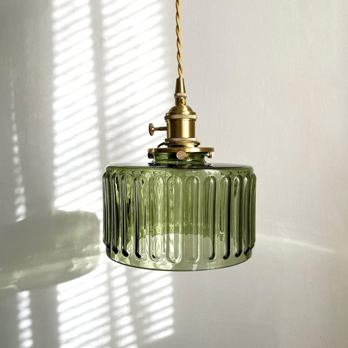 Modern Japanese Style Hanging Light textured clear or green glass shade with chevron stripes or waves electroplated brass and 59in adjustable cord