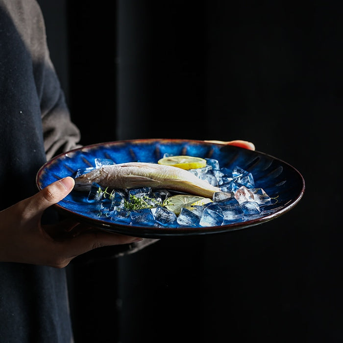 Japanese Style Ceramic Deep Blue HD Cat Eye Round Plate