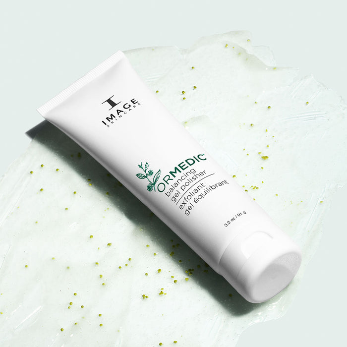 ormedic balancing gel polisher laying on top of product texture swatch on light background